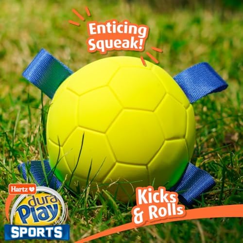 Hartz Dura Play Sports Soccer Dog Toy, Bacon Scented Squeaky Latex Yellow & Blue Toy, 3 Count