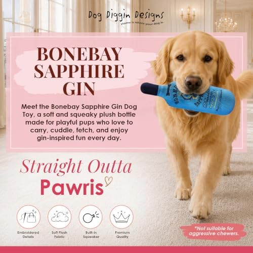 Dog Diggin Designs Bonebay Sapphire Plush Dog Toy Gin Bottle | Luxury-Inspired Parody Gin Bottle Dog Toy with Squeaker, Soft Plush Novelty Dog Toy – Shaken, Not Stirred!