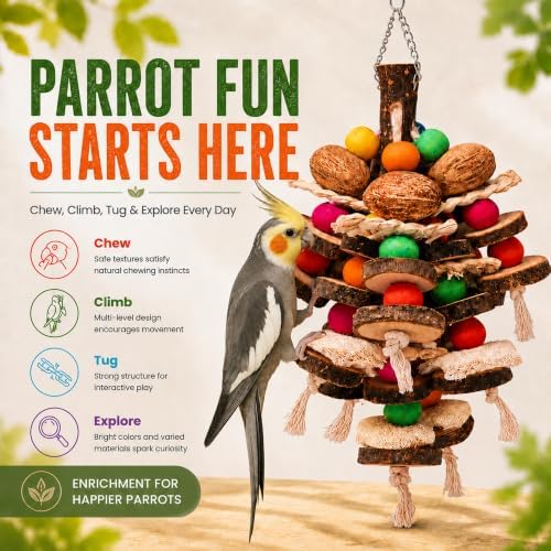 Bird Chew Toys,Natural Wood&Loofah for Parakeets,Cockatiels & Conures