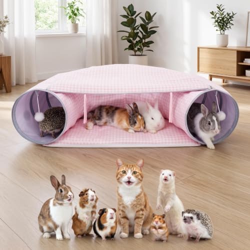 Bunny Tunnel Bed, 2-in-1 Collapsible Rabbit Guinea Pig Hideout, Pink