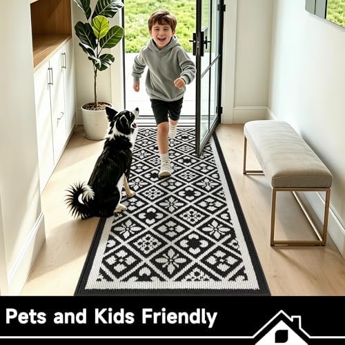 Ileading Hallway Runner Rug 2x6 ft,Washable Indoor Black Carpet with Non Slip Rubber Backing,Low Pile Durable Kitchen Floor Mat for Laundry Entryway Door & High Traffic Areas