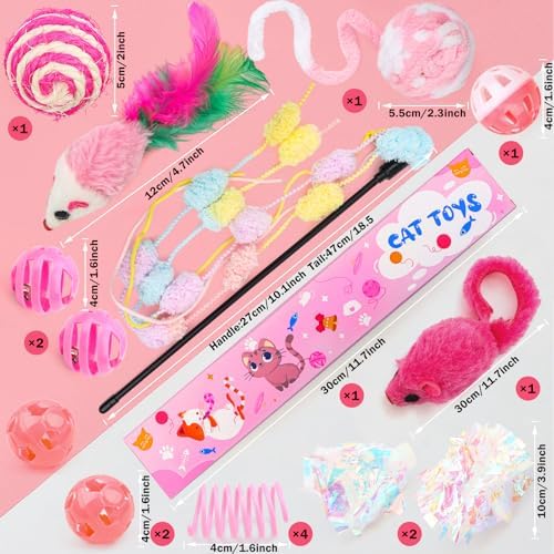 QUOZUO 16Pcs Cat Toy Set Pink Kitten Toys Pack Including Feather Teaser Interactive Wand Cat Springs Mice Crinkle Balls and Pet Bell Balls Toys for Bored Indoor Cats, Gift Box Styles (Pink)