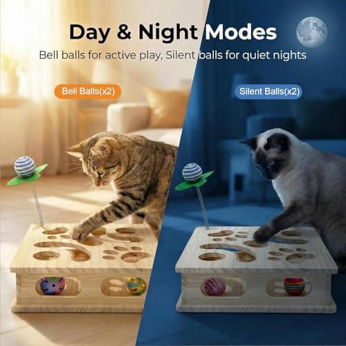 Pine Wooden Cat Puzzle Box, Interactive Maze & Scratch Enrichment Toy, Puzzle Toys for Indoor Cats with Sisal Wand, Silent & Bell Balls (Large)