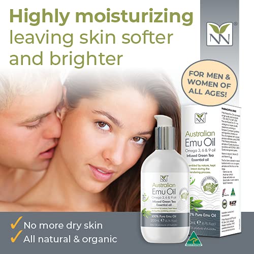 Y Not Natural Pure Emu Oil - Organic Moisture for Face, Body, Hair, Scalp & Nails - Rich in Omega 3-6-9, Vitamins & Essential Minerals - Australian Emu Oil (200ml) 6.76 fl oz - Green Tea