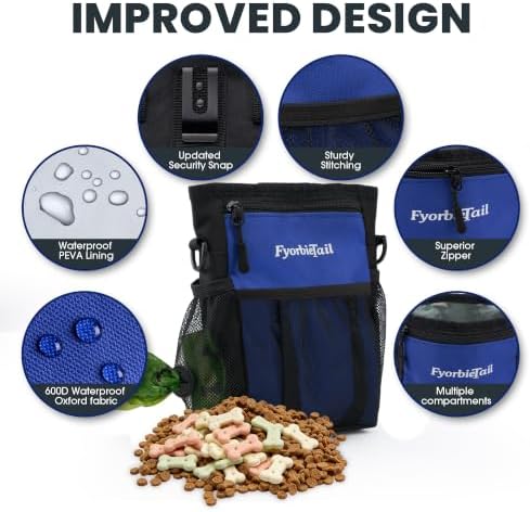 FDog Treat Pouch, 4 Cup Training Bag, Magnetic Closure, 3 Way Wear, Blue | 600D waterproof Oxford fabric, multi pocket storage, zipper and mesh pockets, pull out poop bag dispenser, includes 2 rolls