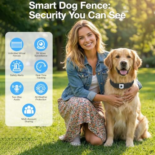 GPS Wireless Dog Fence No Subscription, Full App Control, Custom Virtual Fence, WiFi & SIM Card Supported, First‑Person View, Two‑Way Audio, Adjustable for Medium & Large Dogs