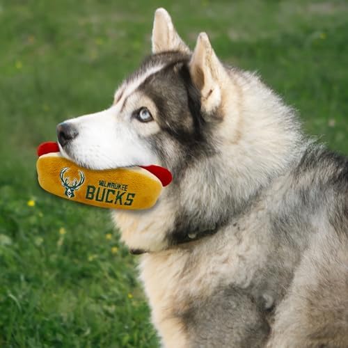 NBA Milwaukee Bucks HOT Dog Plush Dog & CAT Squeak Toy - Cutest HOT-Dog Snack Plush Toy for Dogs & Cats with Inner Squeaker & Beautiful Basketball Team Name/Logo