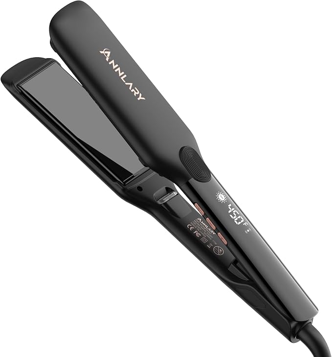 Annlary 1.75 Inch Hair Straightener, Professional Titanium Plate with Ceramic Coating Ionic Dual Voltage Flat Iron with Heat-Resistant Silicone, for Less Frizz, Shinier & Smoother Hair