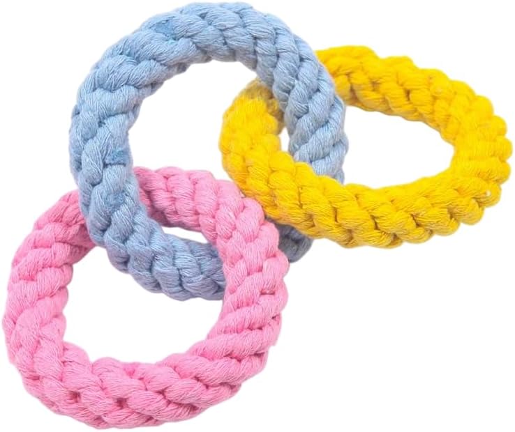 Tri-Color Cotton Rope Triple Ring Dog Chew Toy, Pink-Yellow-Light Blue