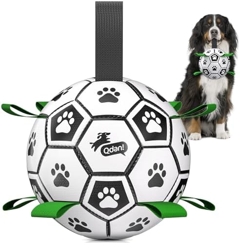 QDAN Large Dog Toys, Soccer Ball for Dogs with Straps, 9 Inch Big Dog Ball | Training Soccer Balls for >90 lbs Dogs, Giant Herding Ball for Dogs, Interactive Water Pool Toys for Tug Chase, Dog Birthday