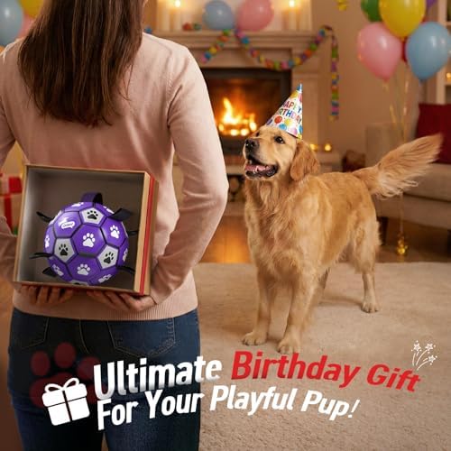 QDAN Soccer Ball for Dogs with Straps, Large Dog Balls, 8 Inch Puppy Toys | Outdoor Herding Balls for 30-90 lbs Dogs, Interactive Soccer Toy for Interactive, Dog Ball Toy to Keep Them Busy, Purple