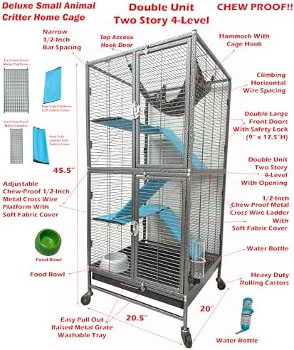Two Full Story Deluxe Double Unit 4-Tier Chew-Proof Tight 1/2-Inch Bar Spacing Double Durable Front Doors Feisty Ferret Hammock Squirrel Chinchilla Rat Hamster Gerbil Small Animal Critter Rolling Cage