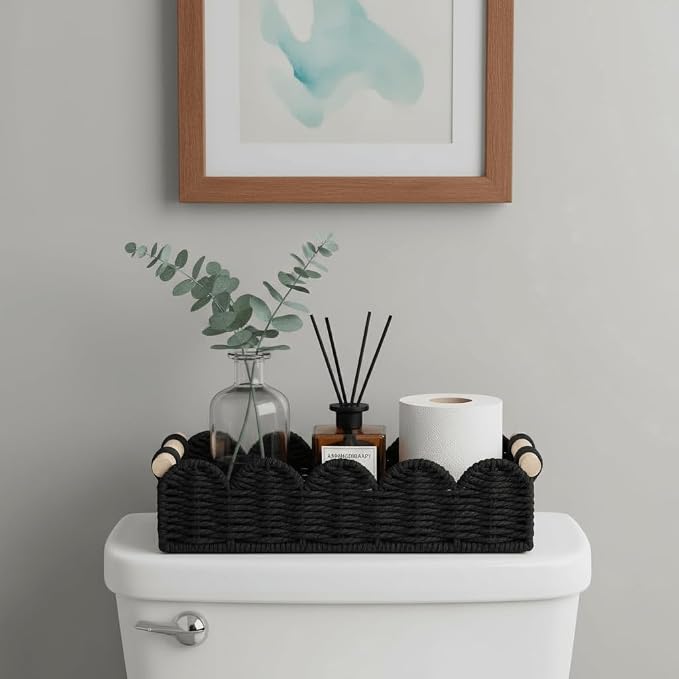 CubesLand Toilet Paper Storage Basket Organizer, Small Wicker Decor Basket | Toilet Tank Top Decorative Basket for Countertop, Handwoven Scalloped Basket W/Handle for Home Decor Living Room, Black