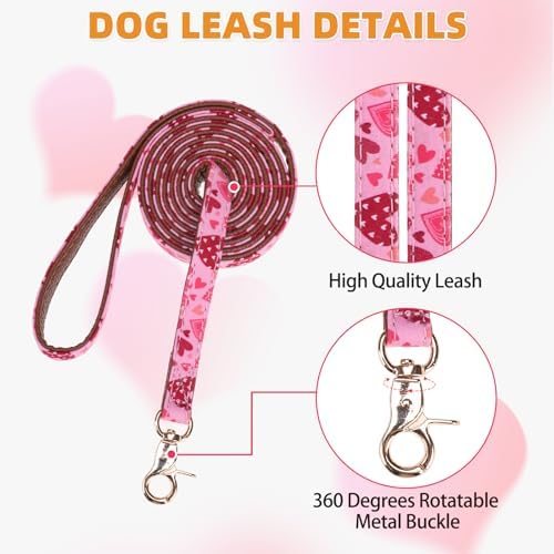 KOOLTAIL Cute Small Dog Collar and Leash Set with Bowtie and Bells,Puppy Bandana Collar and Leash for Girls with Pink Heart Pattern,Soft Leather Tangle Free Leashes for Small Dogs,Cats