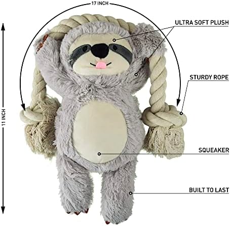 Native Pup Dog Toy Rope and Plush Stuffed Squeaker, Tug of War Toys for Dogs, Puppy Welcome Home Add on for Pets (Sloth)