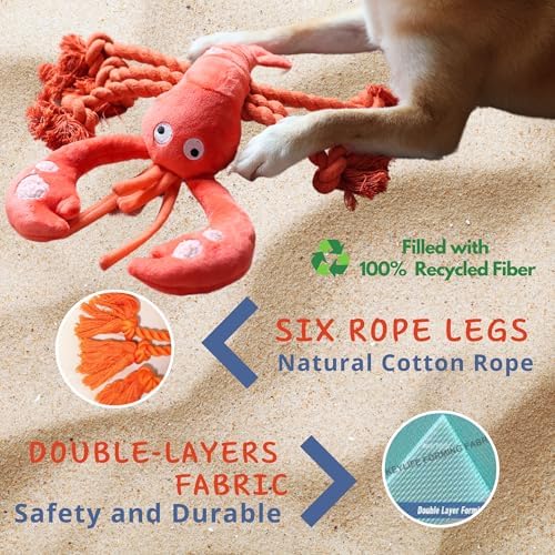 Large Squeaky Dog Toys, Tough Plush Lobster with Rope Tug of War for Puppy, Small, Medium, Large Dogs, Interactive Stuffed Chew Toy to Keep Them Busy