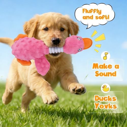 Squeaky Dog Toys for Aggressive Chewers, Durable Stuffed Animal Plush Dog Toy with Soft Fabric for Large, Medium & Small Dogs, Interactive Puppy Chew Toy for Teething, Crinkle Duck Dog Toy - Pink