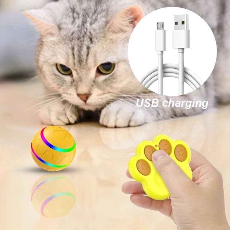 Interactive Pet Ball Toy with Remote Paw Controller, Yellow, Electronic Dog/Cat Entertainment, Self-Rolling, USB Rechargeable, LED Light-Up Pet Toy for Dogs & Puppies.