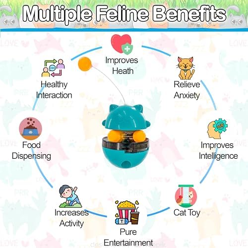 5 STAR SUPER DEALS Interactive Cat Treat Puzzle Feeder Toy - Adjustable Slow Food Dispenser with Playful Feline Ball Game & Rattle Ball Wand - Fun Kitty Snack Hunting Challenge Toy