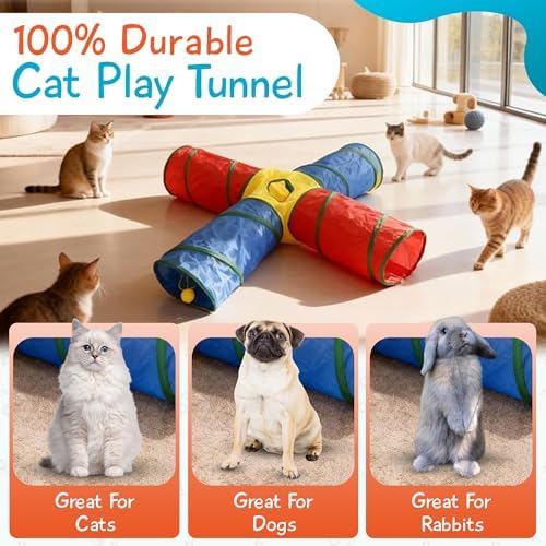 Cat Toys - 4-Way Tunnel for Indoor Cats with Peek Hole & 2 Mice - Large Foldable Rainbow Tube with Hanging Ball for Kittens, Rabbits, Small Dogs - Ideal Cat Toy