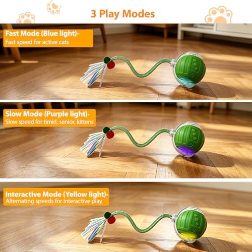 Interactive Cat Toys Ball for Indoor Cats, Automatic Self-Rolling, Motion-Activated, Bird Chirping Cats Dogs Ball Toy with Elastic Mesh Tail, Cat Enrichment Toys for Indoor Cats (Green)
