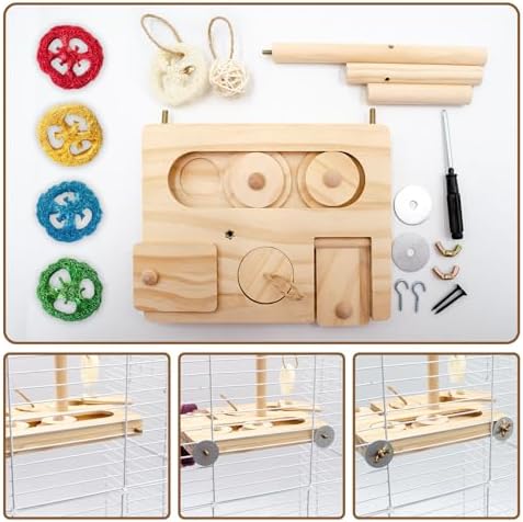 Interactive Wooden Bird Foraging Toy – Cage-Mounted Puzzle Feeder with Sliding Locks, Loofah & Vine Ball for Budgies, Cockatiels, Conures & Small Parrots