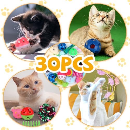 QUOZUO 30 Pcs Cat Toy Kitten Toys Set, Interactive Cat Toy Wand Cat Springs Ball Toy with Bells, Cat Toys for Bored Indoor Cats, Gift Box Styles