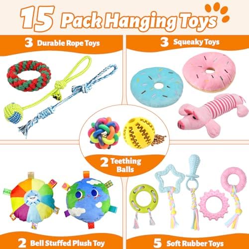 Puppy Play Gym with 15 Hanging Toys for Small Dogs, PVC Frame with Bungee Straps, Interactive Indoor Jungle Playground for Entertainment, Teething and Mental Stimulation