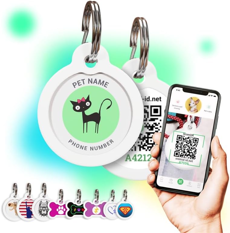 QR Code Dog Tag Personalized Pet Id Silent Cat Tags Engraved Name Plate with Online Profile («Miss Meow»)