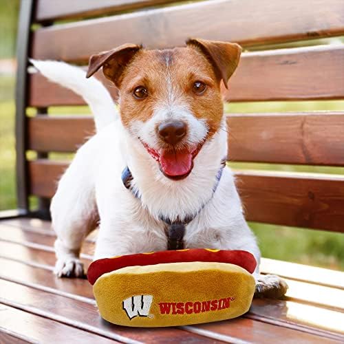 NCAA Wisconsin Badgers HOT Dog Plush Dog & CAT Squeak Toy- Cutest HOT-Dog Snack Plush Toy for Dogs & Cats with Inner Squeaker & Beautiful Football/Basketball Team Name/Logo