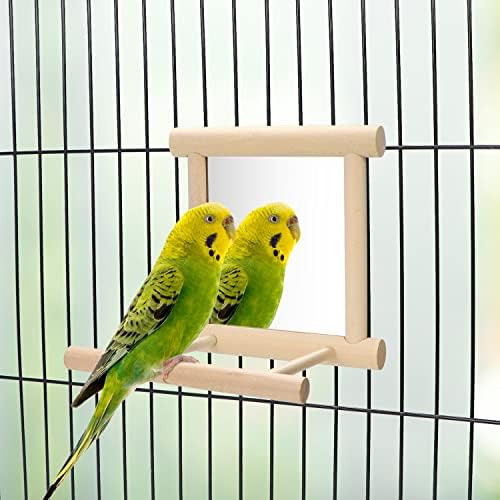 Wontee Bird Mirror with Perch for Parakeet Cage Bird Toys (Wood Color)