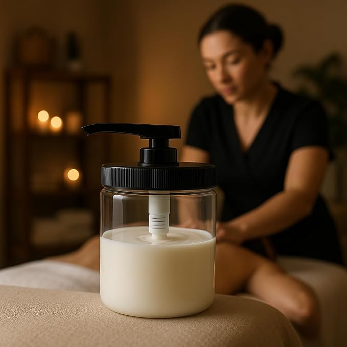 Royal Massage 16oz Refillable Pump Jar with Locking Dip Tube Dispenser – BPA-Free Plastic Container for Massage Oils, Lotions, Creams – Ribbed Lid Wide-Mouth Jar – Durable & Reusable (Black/Black, 3)