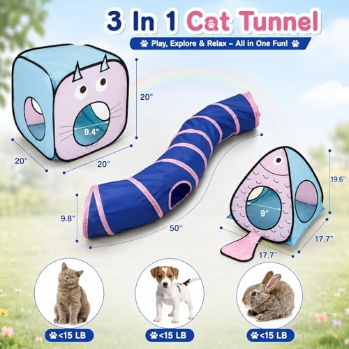 Rypet Cat Toy Tunnel and Cubes Bundle, Play Tubes for Indoor Cats, Blue