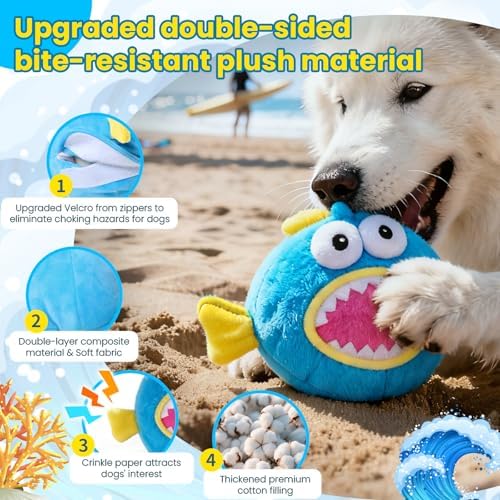 UPGRADED Interactive Moving Dog Toy, Bouncing Dog Toy with Rouncing Ball, Squeaky Plush Electronic Dog Toy for Small Medium Large Dogs, Vibrating Music Recording Mode to Keep Them Busy (Lanternfish)
