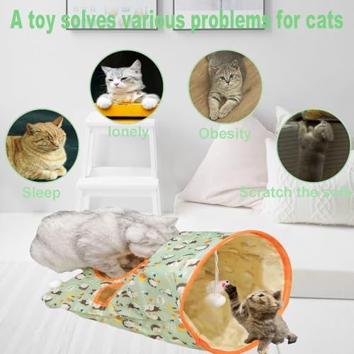 Cat Tunnel Bag for Indoor Cats, Foldable Pet Tunnel Crinkle Sack Bag with a Little Mouse & 3 Toy Ball, Portable Crinkle Paper Interactive Hide and Seek Cat Toys (Green)