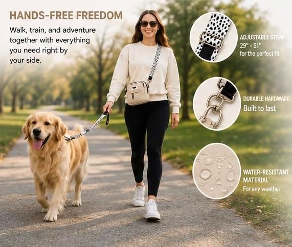 Hands-Free Dog Walking Crossbody for Training, Treat Pouch, Built-in Poop Bag Dispenser, Used Bag Hook & Bonus Tripod (Beige)