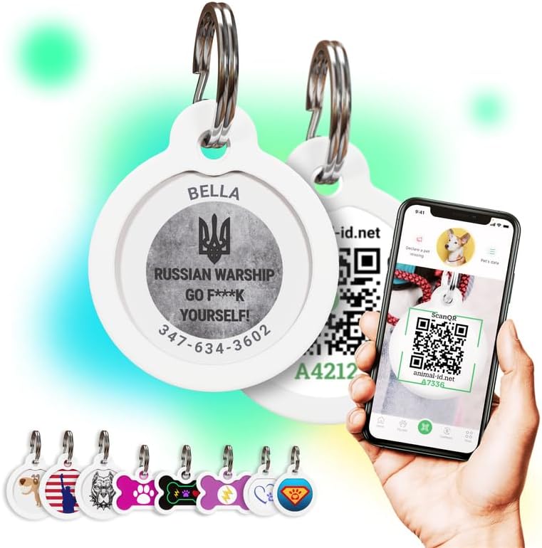 QR Code Dog Tag Personalized Pet Id Silent Cat Tags Engraved Name Plate with Online Profile («Russian Warship Go F*uck Yourself»)