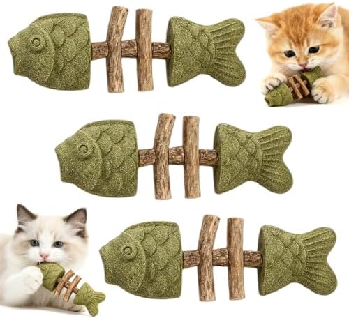3 PCS Catnip and Silvervine Chew - Natural Catnip & Silvervine Teeth Cleaning Stick, Fishbone-Shaped Cat Dental Toy for Chewing, Licking, Pawing, Boredom Relief & Enrichment for Cats
