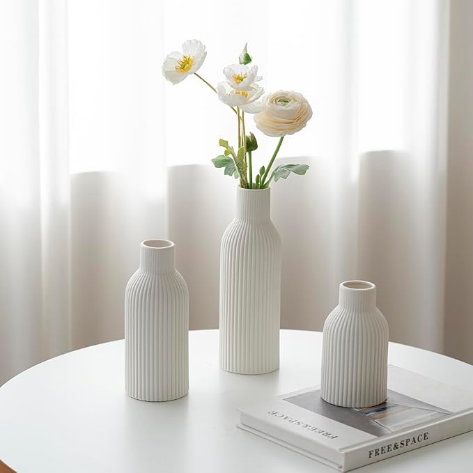 Modern Ceramic Vases Set of 3, White Ribbed Decorative Vases, Shelf Table Centerpiece for Home Decor, Birthday Gifts for Women, Mom, Grandma Decorative (White)