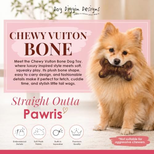 Dog Diggin Designs Chewy Vuiton Plush Dog Toy Bone | Luxury-Inspired Parody Designer Bone with Squeaker, Soft Plush Chew & Play Dog Toy – Prêt-à-Porter Play!