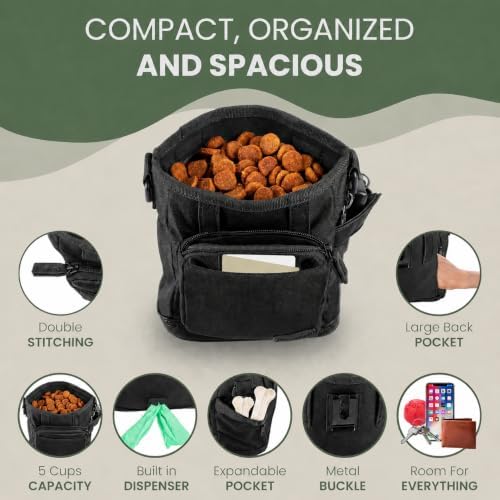 BEAU&FUR Large Dog Treat Pouch with Phone Pocket – 4 Cup Capacity, Built-In Poop Bag Dispenser, Expandable Pocket, Metal Buckle, Large Back Pocket, Ideal Design for Walks and Training – Black
