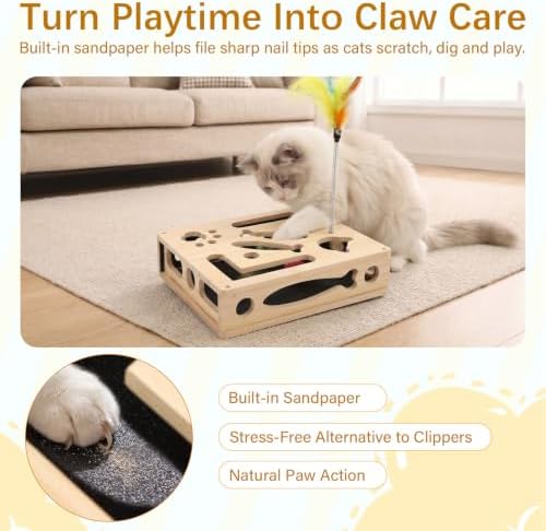 2026 New Cat Nail File Scratcher Puzzle Enrichment Box with Built-in Sandpaper 5 Balls & 1 Feather Wand Toys, Rufftopia Cat Claw Saver Interactive Toy Stress-Free Alternative to Clippers & Grinders