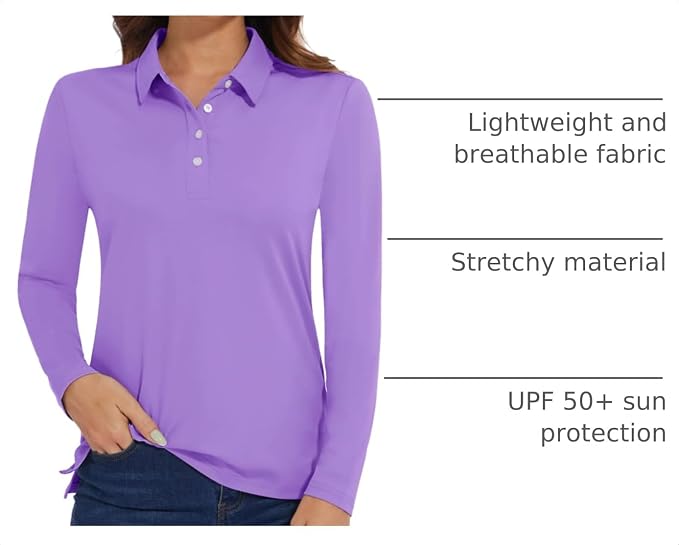 MAGCOMSEN Long Sleeve Polo Shirts for Women Golf Tops with Collar Work | UPF 50+ Sun Protection, 4 Buttons, Moisture Wicking, Breathable, 4-Way Stretch, Collared, Quick Dry, Active, Casual, Tennis