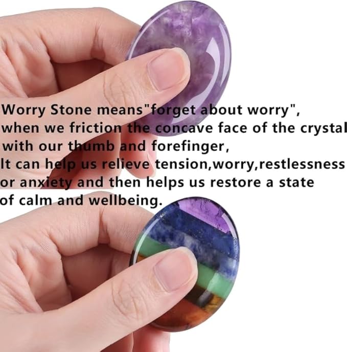 QINJIEJIE Thumb Worry Stones for Anxiety Amethyst Chakra Crystals Healing Stones Oval Palm Pocket Worry Stone Reiki Meditation Crystal Anxiety Gift Stocking Stuffers for Women 2PCS