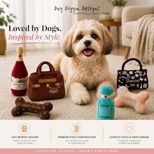 Dog Diggin Designs Hairmes Bag Plush Dog Toy – Squeaky Parody Fashion Dog Toy from Runway Pup Hairmes Collection, Soft Designer Style Toy for Small to Medium Dogs, Cute Interactive Pet Toy