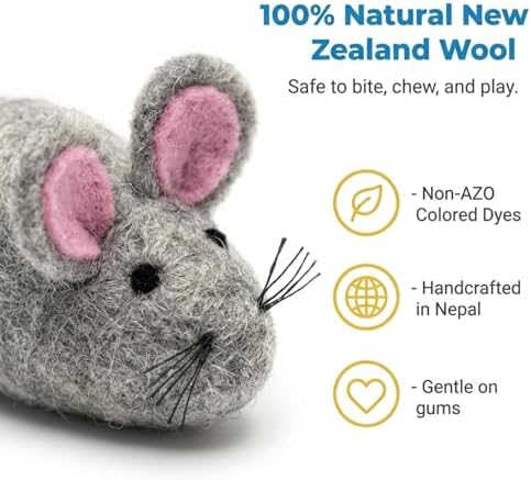 Glaciart One Felt Mouse Cat Toy – Soft Fuzzy Enrichment 100% Natural Wool - Interactive Catnip Play Cat Toy Set - Safe for Pets, Non-AZO Colored Dyes - 100” Long