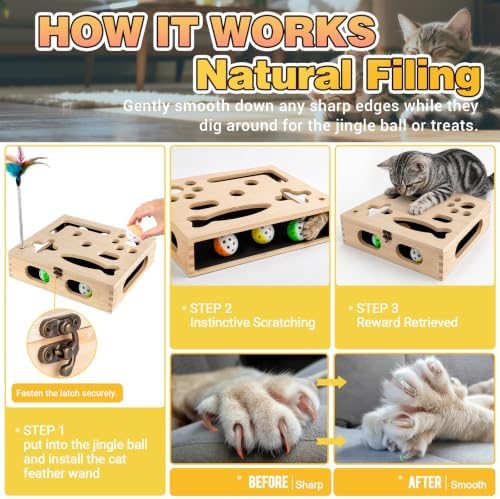 Cat Scratch Puzzle Enrichment Box, Interactive Cat Toy for 3 Balls & 2 Wand