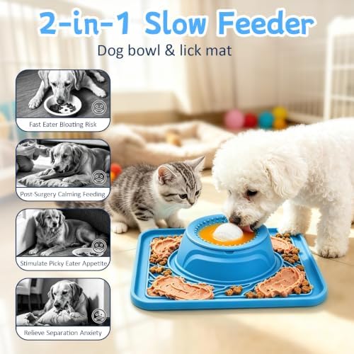 Slow Feeder Dog Bowl & Lick Mat,2-in-1 Dog Lick Bowl with Interactive Rolling Ball for Liquid and Thick Treats,Anti-Slip Dog Lick Bowl for Dogs & Cats