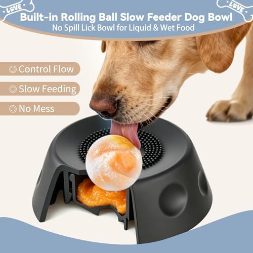 Anti-Choking Slow Feeder Dog Bowl, Interactive Lick Pad with Spinning Ball to Stop Boredom & Separation Anxiety, Food-Grade Silicone Lick Treat Toy for All Breeds Puppies to Large Dogs (Black)