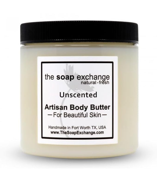 The Soap Exchange Body Butter - Unscented Fragrance Free - Hand Crafted 4 fl oz / 120 ml Natural Artisan Skin Care, Shea Butter, Aloe Vera, Nourish, Moisturize, & Protect. Made in the USA.